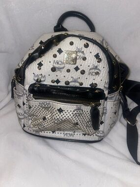 MCM White and Black Studded Mini Backpack